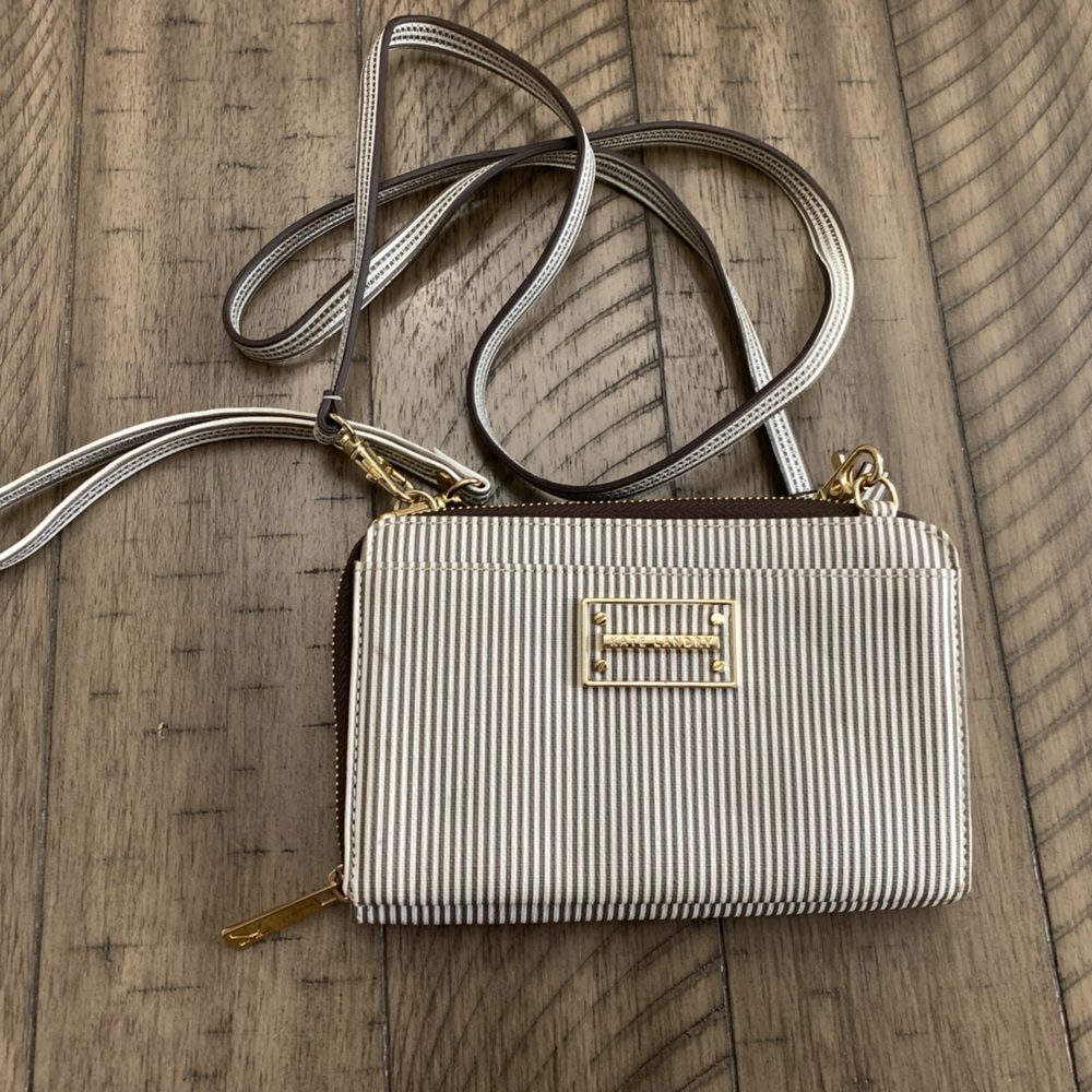 KATE Landry Crossbody Shoulder Bag Zip Wallet Purse Stripped Brown Tan Gold EUC